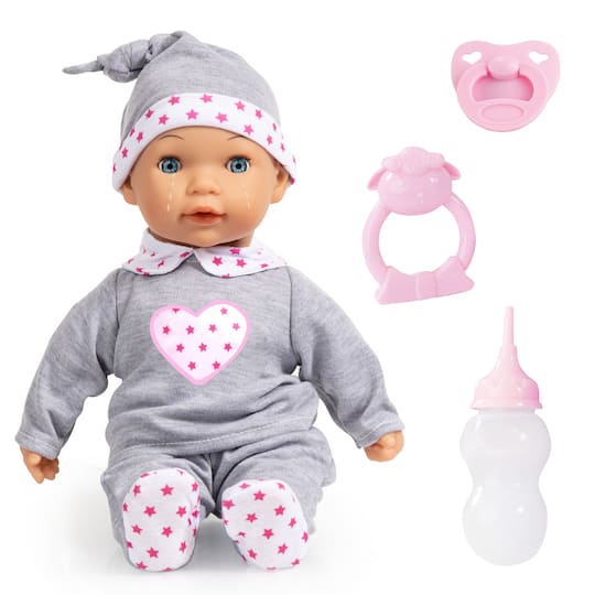 Bayer Design 15&#x22; Gray &#x26; Pink Hearts Interactive Tears Baby Doll